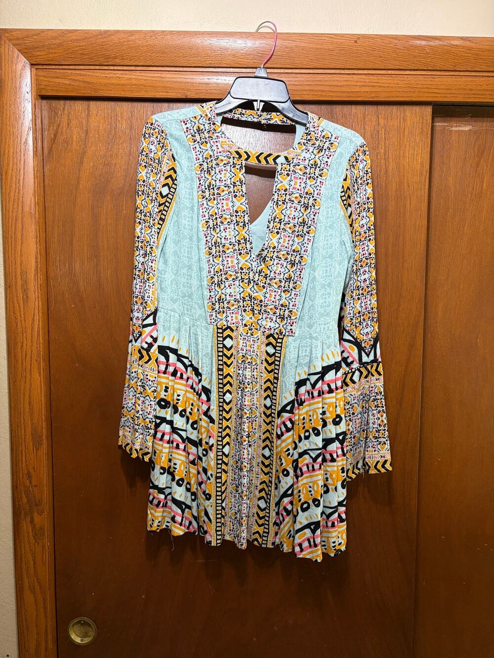 Free People Boho Printed Tunic Top Women's Long Sleeve Mini Dress Bohemian 4